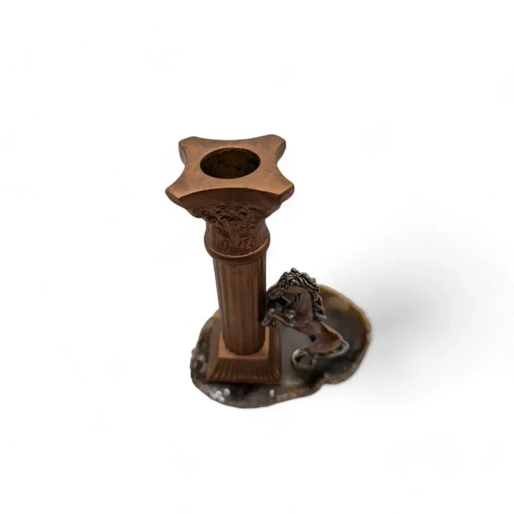 Vintage Horse Column Candle Holders with Agate Bases - 5.5